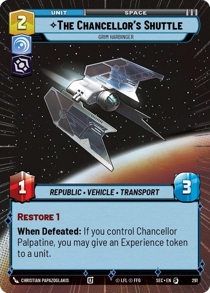 Image for The Chancellor's Shuttle - Grim Harbinger (Hyperspace) (291) (SEC) - Star Wars: Unlimited